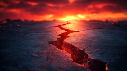 Earth fissure, fiery sunset, apocalyptic landscape, disaster concept