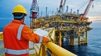 Offshore Oil Rig Worker Inspecting Platform at Sunset
