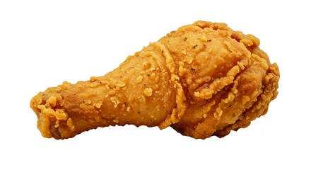 A deep-fried chicken leg on a white background, showcasing its crispy golden-brown crust and juicy texture for a delicious and appetizing look.