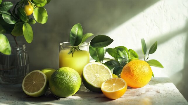 citrus fruits lemons limes glass juice sunlight fresh organic vibrant summer composition