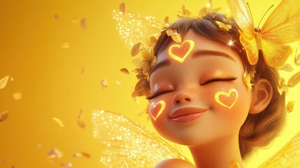 Fototapeta premium Golden Fairy With Heart Details And Yellow Wings