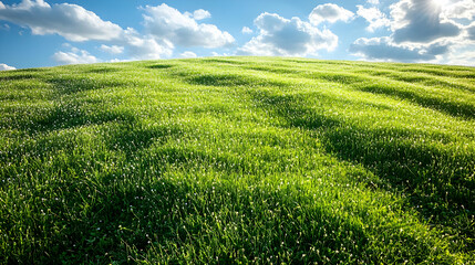 Green grassy hill slopes gently under a bright blue sky dotted with white clouds.