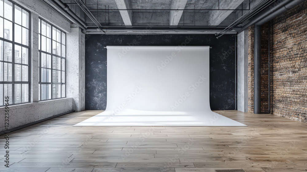 Poster large empty white canvas positioned in a room with exposed brick walls and natural light streaming i