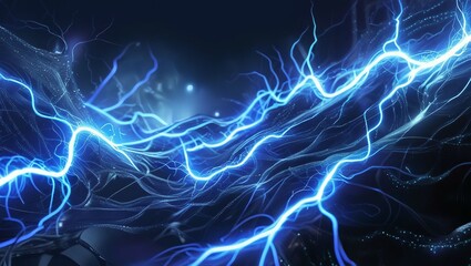 Electric blue lightning dances through the dark sky with fiery fractal energy