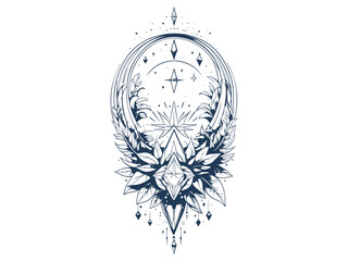 Obraz premium vertical alignment of Line art Crystal, crescent Moon and cosmic elements With Leaves . Silhouette Sketch.