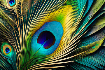 Texture of a peacock feather from the tail of an exotic bird. The background is a close-up of a multicolored iridescent eye of a feather animal.