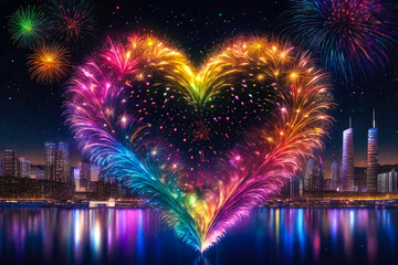 Bright multicolored fireworks in the shape of a heart against the background of the night starry sky and the urban landscape