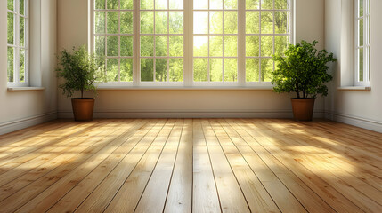Obraz premium Empty Room with Wooden Floor and Plants Illuminates with Sunlight through Big Window