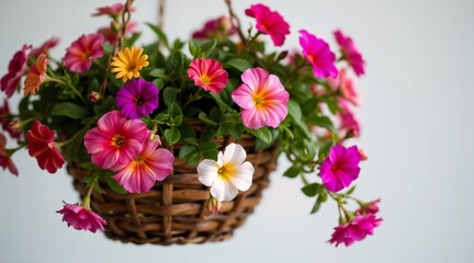 Obraz premium Close-up of a hanging flower basket with vibrant flowers in full bloom and soft lighting