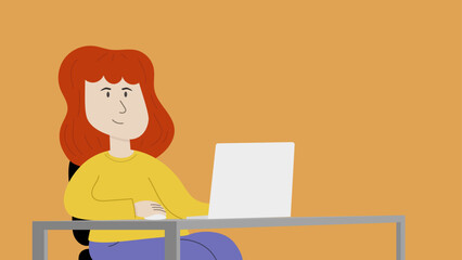 Woman with red hair using a laptop at a desk on an orange background, representing work, study, or online activity