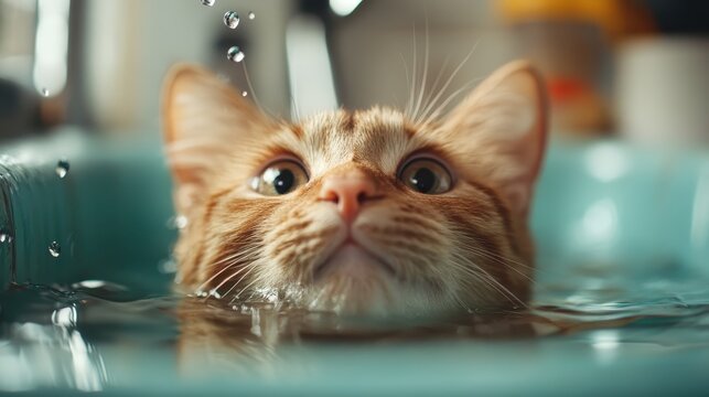 A playful ginger cat splashing in water, evoking feelings of joy and carefree spirit, showcasing its playful nature and inviting viewers to experience the moment's delight.