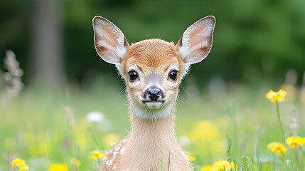 Fawn in wildflowers, forest background; wildlife poster