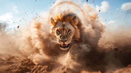 A stunning moment captured of a lion sprinting through swirling clouds of dust, highlighting its powerful movements and the wild essence of nature.
