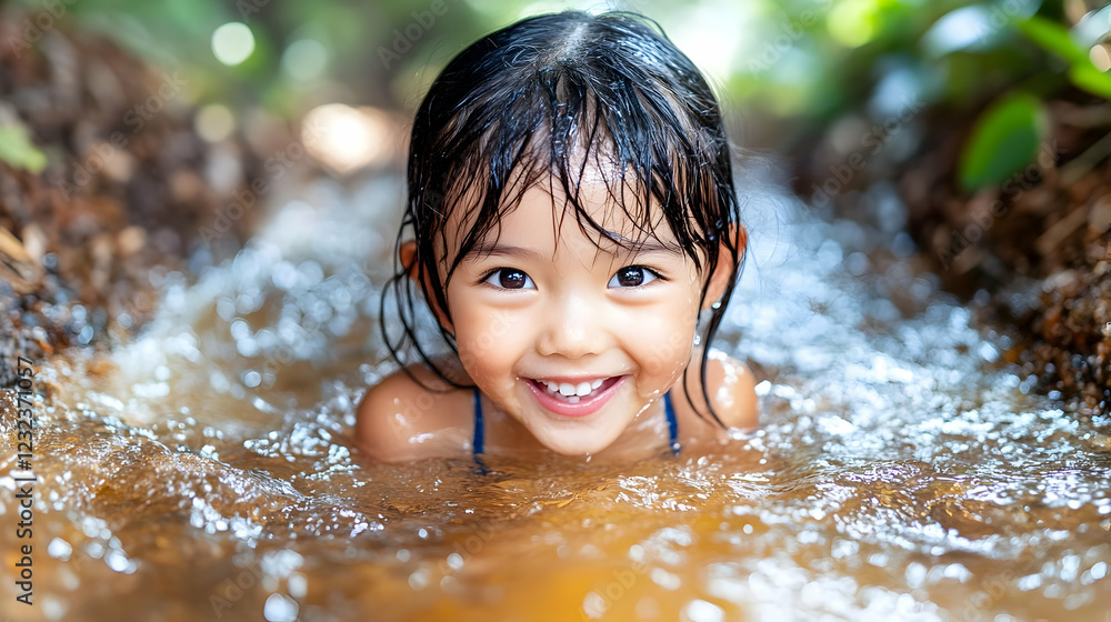 Poster smiling child plays in shallow stream with sparkling water and lush green background
