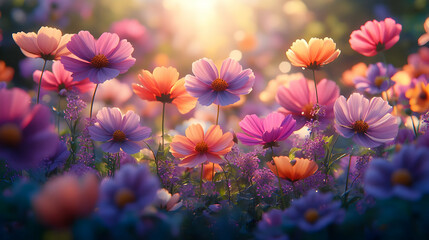 Vibrant Pink Orange Purple Cosmos Flowers in a Field at Sunset