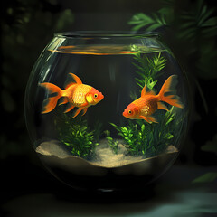 Goldfish swimming in a glass bowl surrounded by aquatic plants. Generative AI