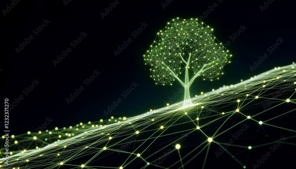 Poster abstract neon chartreuse web forming a tree on a tilted landscape, glowing nodes connected in a futu