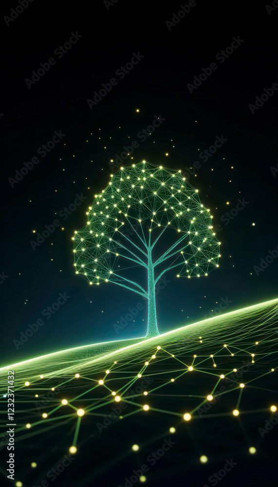 Poster abstract neon chartreuse web forming a tree on a tilted landscape, glowing nodes connected in a futu