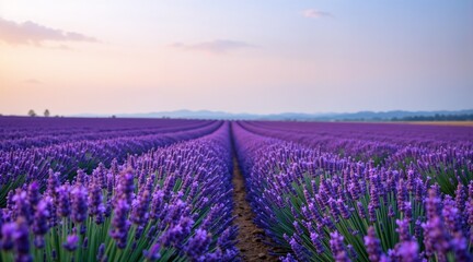 Fototapeta premium Lavender field at sunset with vibrant purple flowers and serene landscape view