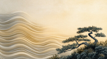 Serene landscape with tree and gentle waves.