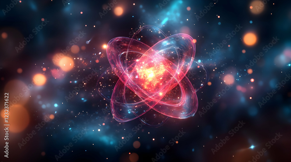 Poster abstract atom structure glows with energy in a dynamic, colorful background depicting quantum physic