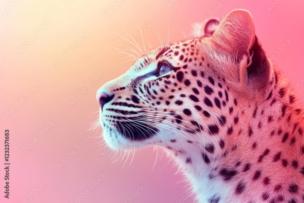 Poster leopard gazing thoughtfully against a colorful gradient background in a serene environment