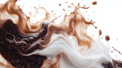 Dynamic Splash of Coffee and Milk Creating Artistic Swirls on White Background Capturing Motion and Fluidity in Abstract Art