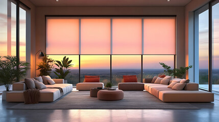 Fototapeta premium Modern Living Room Interior Shows Sunset View Through Large Windows, Creating a Cozy and Relaxing Atmosphere