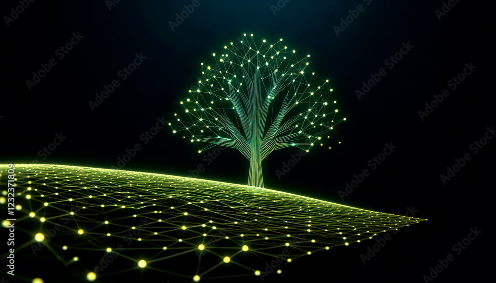 Poster futuristic neon chartreuse network tree on a sloped hillside with glowing connections, fading into d