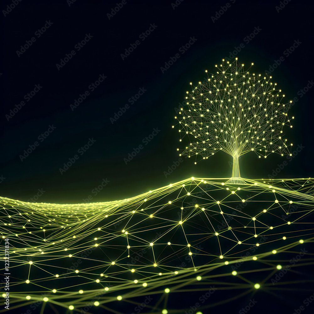 Poster futuristic neon chartreuse network tree on a sloped hillside with glowing connections, fading into d