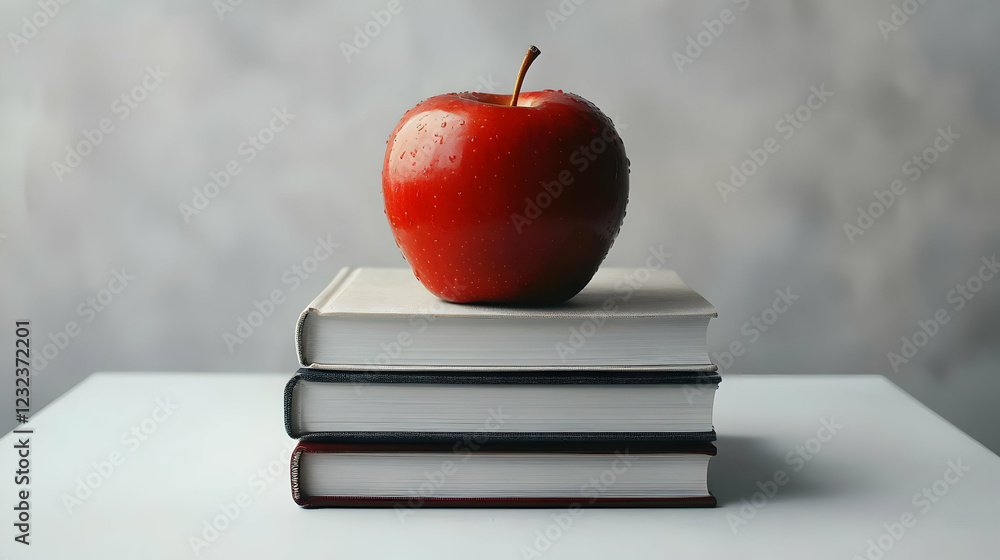 Poster red apple sits atop a stack of books perfectly balanced and ready for learning