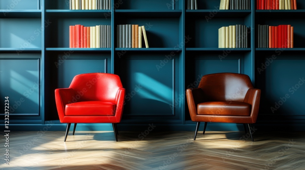 Poster two stylish red chairs positioned in front of an artistic bookshelf, combining vibrant colors with a