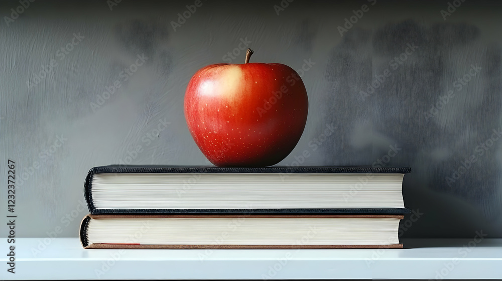 Poster red apple rests on stack of books on white shelf with gray backdrop