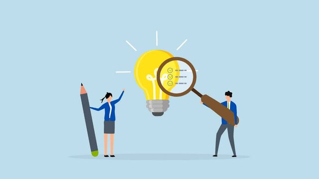 Business viability checking, 4k animation of entrepreneur using magnifying glass examines lightbulb concept. 