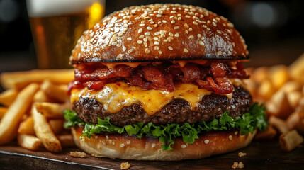 Delicious Cheeseburger Sits Perfectly with Crispy French Fries and Refreshing Beer