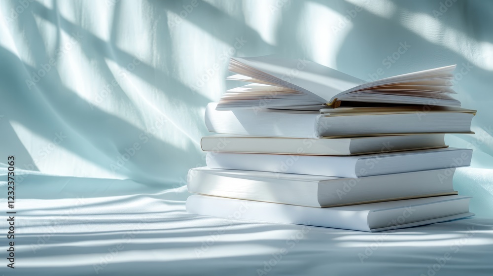Poster a serene composition featuring neatly stacked books with soft shadows, evoking a sense of tranquilit