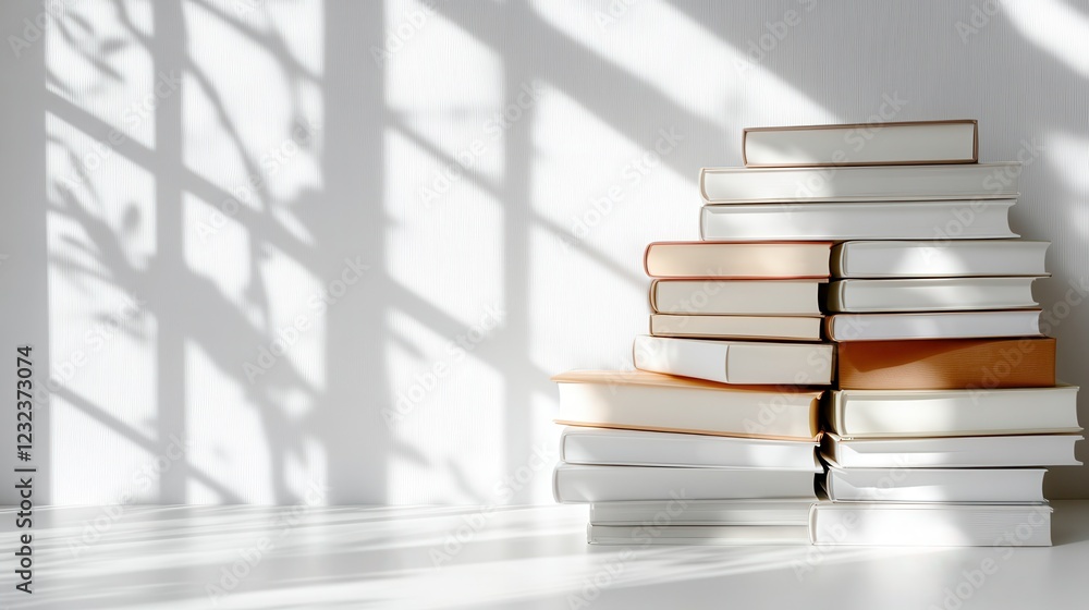 Poster an elegant stack of books showcases contrasting colors and forms, highlighted by soft, intricate sha