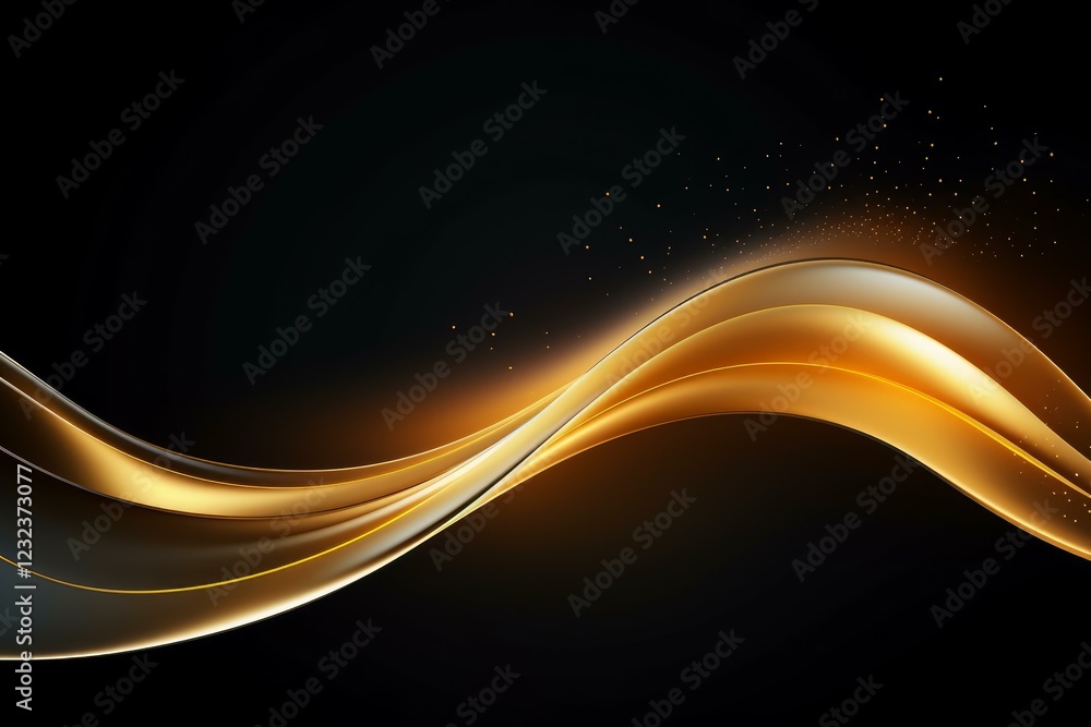 Poster abstract golden wave flowing on dark background with glitter particles, creating a luxurious and ele