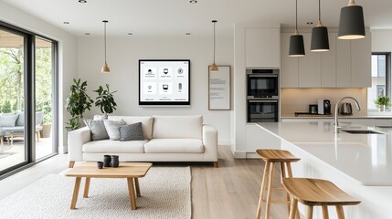 Elegant and connected home interior showcasing a modern minimalist design with an advanced IoT system for seamless living and smart home automation