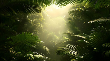 Obraz premium Lush Tropical Rainforest Canopy with Sunlight Filtering Through Palm Leaves and Mist