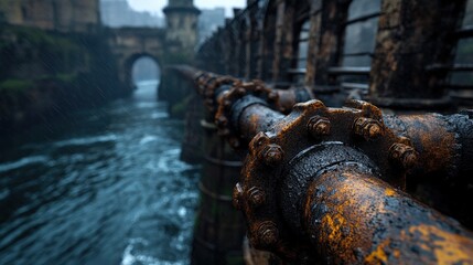 A close-up of a rusty pipeline extending over a serene waterway, merging industrial elements with natural scenery, reflecting an intriguing blend of nature and human engineering.