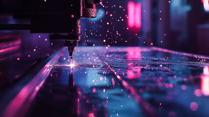 Close up of a machine in a factory cutting a large sheet of clear glass, Sparks are flying from the cutting tool as it moves along a straight line on the glass surface