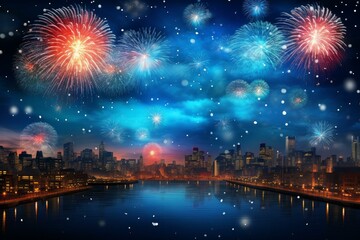 Vibrant fireworks illuminating the night sky above a cityscape during a winter snowfall, creating a festive and magical atmosphere