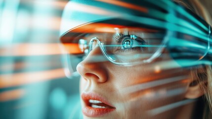 A woman with VR glasses immersed in a digital environment, her eyes reflecting the vibrant colors and technology of virtual reality as she experiences an alternate reality.
