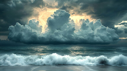 Fototapeta premium Dramatic Ocean Waves Crashing Under a Stormy Sky with Sunbeams Piercing Through Dark Clouds