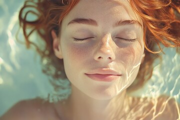 Young woman with red hair relaxes in clear water during a sunny day in a tranquil setting