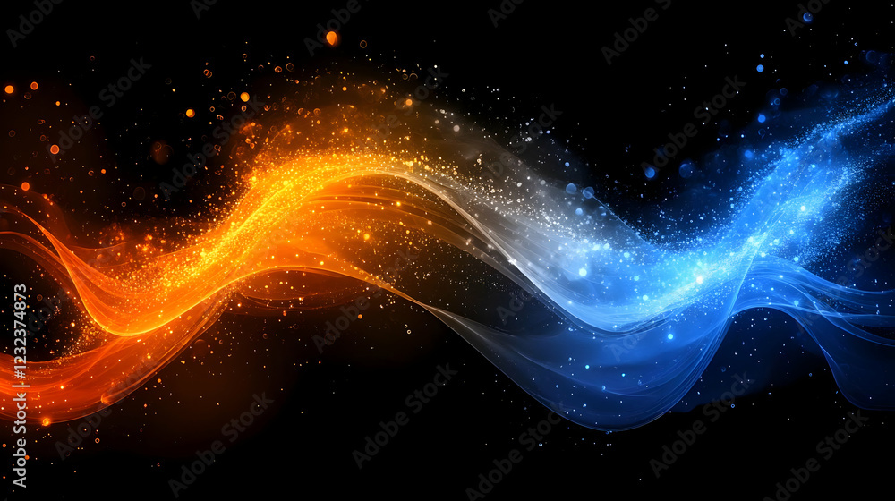 Poster abstract background with orange and blue waves flowing gracefully and dynamically across a black bac