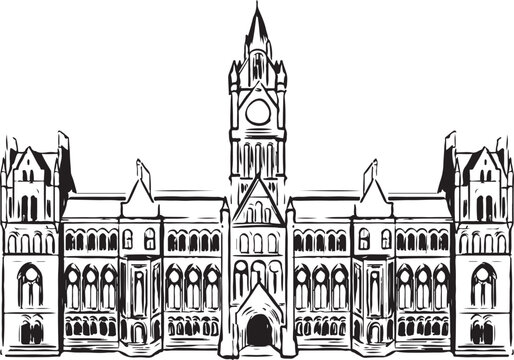 Manchester Town Hall, Manchester, England black and white ink sketch. Iconic Neo-Gothic architecture with a towering clock and intricate stonework. Historic civic landmark illustration. 