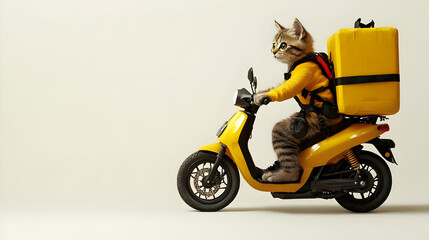 Obraz premium Cat Delivers Packages Efficiently on Scooter with Yellow Box on Plain Background