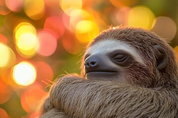 Fototapeta premium Cute sloth relaxes peacefully in a lush forest with colorful bokeh background during daylight hours
